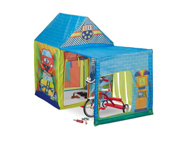 Relaxdays Spielzelt Bunt Autowerkstatt mit Garage 109 cm, Mehrfarbig, Textil, Kunststoff, 146x109x75 cm, Freizeit & Co, Outdoor-Spielzeug, Spielhaus