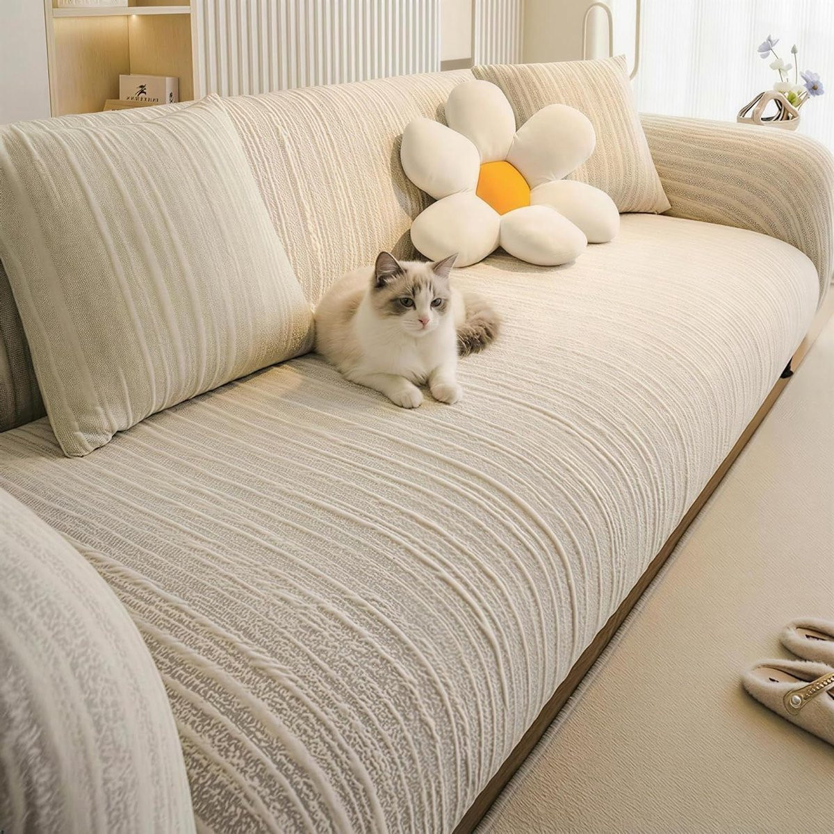 Elastische bankhoes Jacquard voor XL sofa - Pebble Grijs