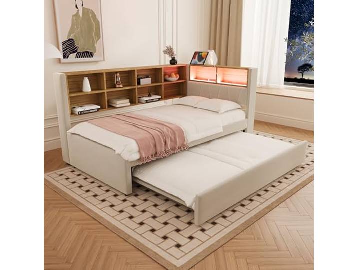 Merax Schlafsofa 90 x 200 cm, mit Ausziehbett 90 x 190 cm, Schlafcouch Ausziehbar mit LED Leuchten und Ablagefächern, Flanell, Beige (Ohne Matratze)