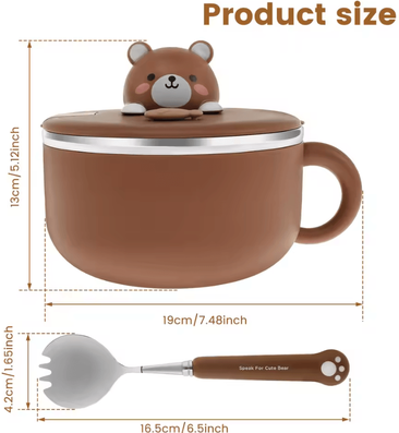 Inspire Curations Insulated Ramen Bowl With Lid 1200ml Microwave Noodle Cooker Bowl With Handle & Fork brown