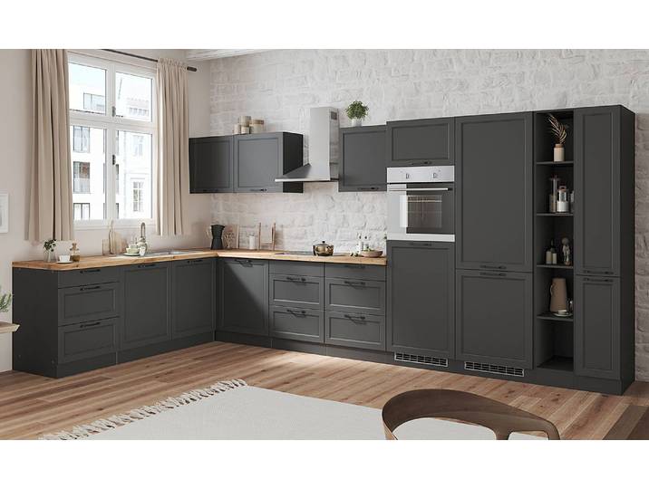 Autarke Eckküche Meran Variante B 240cm Grau/Matt Grau Glaskeramik mit Elektrogeräten