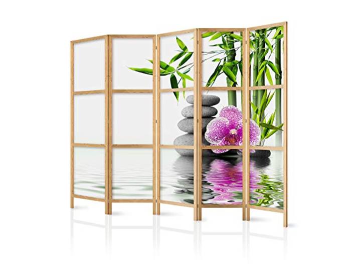 decomonkey Paravent Raumteiler Innen Bambus Spa, 225x171 cm, 5-teilig, Zen Orient, Japan, Wohnzimmer, Room Divider, Wall, Raumteiler Stehend, Trennwand, Sichtschutz, Spanische Wand, Sichtschutzwand