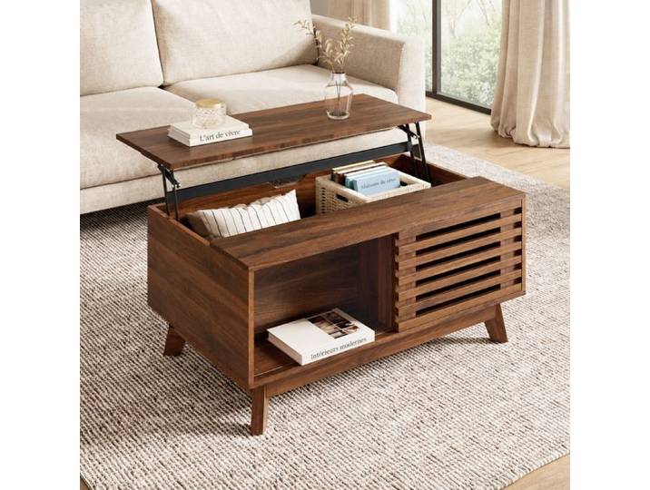 Table basse relevable avec rangement finition noyer en MDF style rétro moderne Norevia
