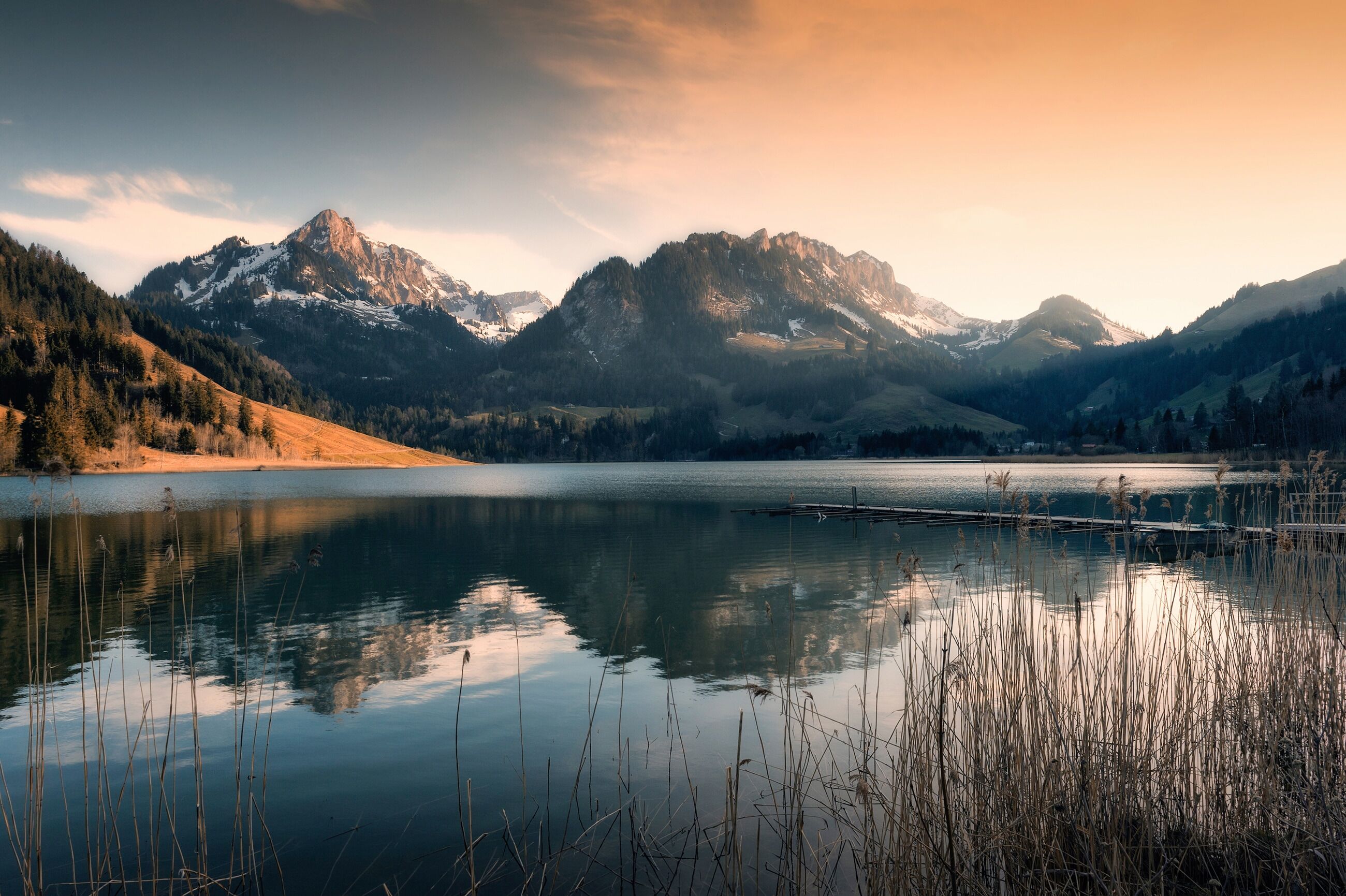 Fototapete PAPERMOON "Photo-Art FRANZ ENGELS, MAGISCHE STIMMUNG BEI SCHWARZSEE (SCHWEIZ)", bunt, B:3m L:2,23m, Vlies, Tapeten, Fototapete bunt B/L: 3m x 2,23m, Bahnen: 6 Stk.