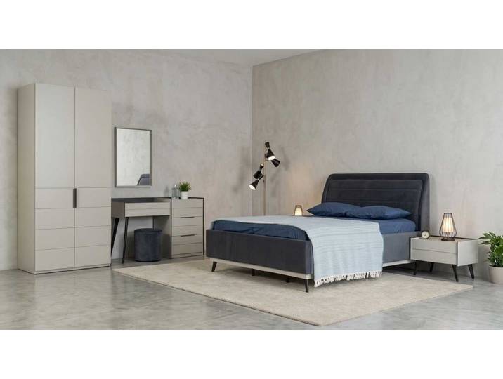 Xlmoebel Schlafzimmer-Set Schlafzimmer Set Bett Nachttisch Schrank Modern Blau Beige Edel, (7-tlg., 7-tlg. Set: Bett, 2 Nachttische, Schminktisch, Spiegel, Hocker)