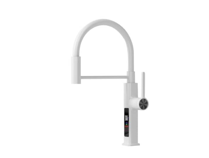 Küchenarmatur aus gebürstetem Messing mit LED-Anzeige, herausziehbarer, schwenkbarer Heiß-/Kaltmischer-Einlochhahn,Flusskontrolle(White)