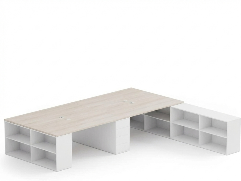 B2B Partner Bürotisch-Set BLOCK B05, 4 Arbeitsplätze mit Stauraum, 360 × 320 cm, weiß/Eiche natur