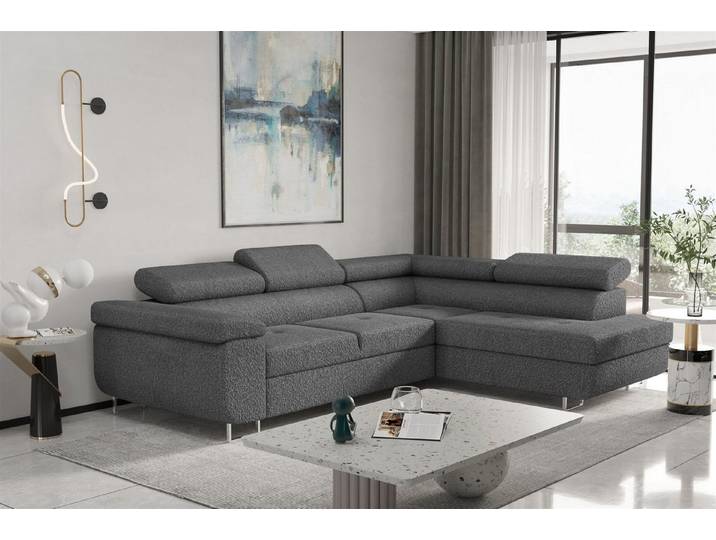 Fun Möbel Ecksofa Schlafsofa JADE Stoff Bouclestoff Ascot mit Ottomane Links oder Rechts, Schlafsofa mit Ottomane Links oder Rechts, mit Schlaffunktion