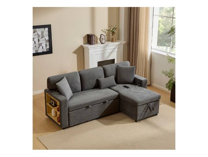 Fine Life Pro Sofa Eckcouch L-Form, ausziehbar, mit Bettkasten + Regal, dunkelgrau., 214x131x87 cm, ideal als Schlafsofa für Wohnzimmer.