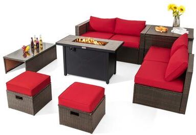 Costway 9 Pieces Outdoor Patio Furniture Set with 42 Inch Propane Fire Pit Table-Red