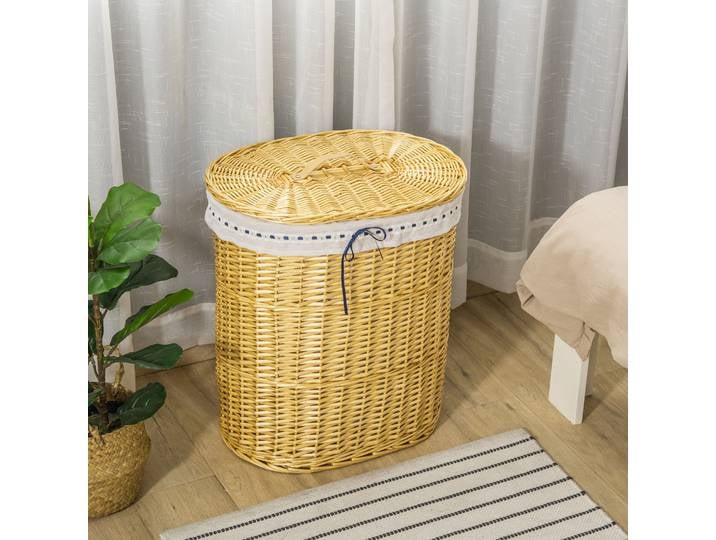 HOMCOM Panier à Linge en Osier Panier à Linge en Osier Bac à Linge Collecteur d'osier tressé avec Sac à Linge et Couvercle Naturel 100L 51 x 38 x 57 cm