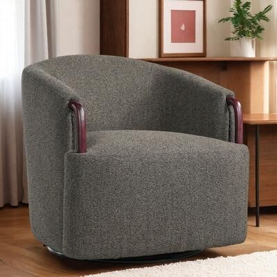 "30"" Boucle Swivel Barrel Chair with Solid Wood Accents and 360° Swivel Base and No Assembly"
