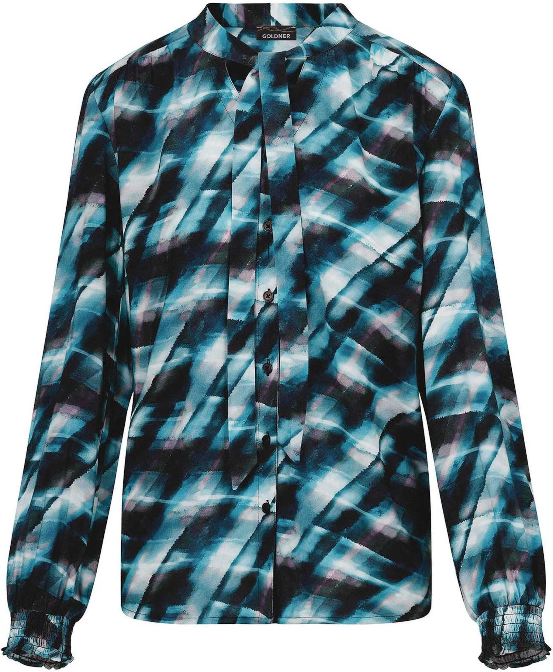 Druckbluse GOLDNER "Viskosebluse mit Karo-Print", Damen, Gr. 50, grün (smaragd, gemustert), Obermaterial: 100% Viskose CV., figurumspielend, V-Ausschnitt, Gummibund, Blusen Druckbluse, Stoffband am Ausschnitt