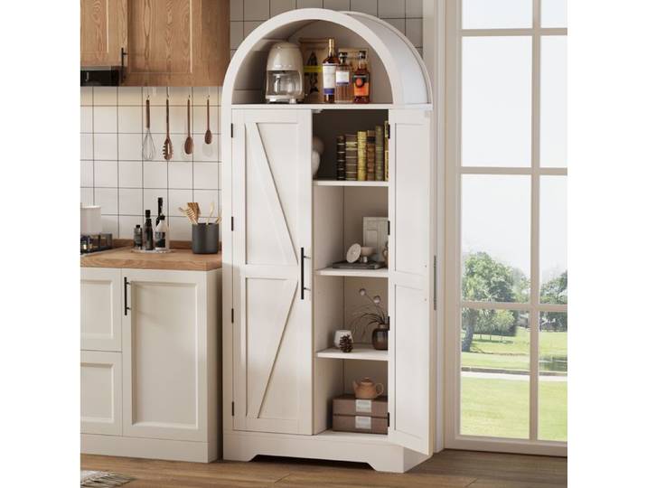 Buffet haut vitrine arche 70x35x170 cm en MDF blanc avec étagères réglables et kit anti-basculement FOLYNA