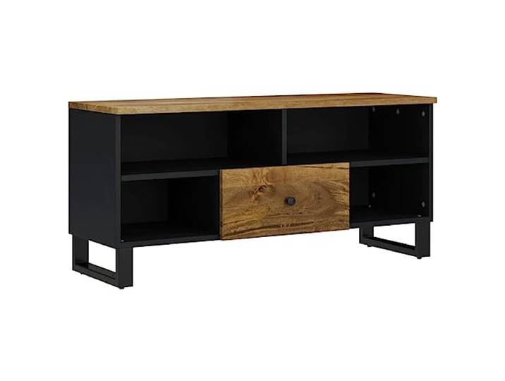 GKHPYURE TV-Möbel, 100 x 33 x 46 cm, Massivholz, Mango, Braun, Bernstein 4 offene Fächer, 1 Schublade, Eisenfüße, Ausstellungsfläche für Dekoration