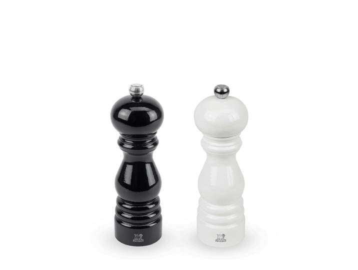 Duo moulins à poivre et à sel bois laqué noir et blanc H18cm