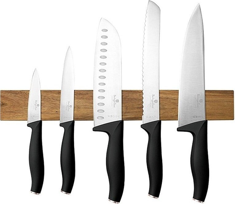 Berlinger Haus Messenset met Magnetische Acaciahouten Houder, 6-delig, Zwart-Roze-Goud, inclusief Koksmes en Santoku Mes