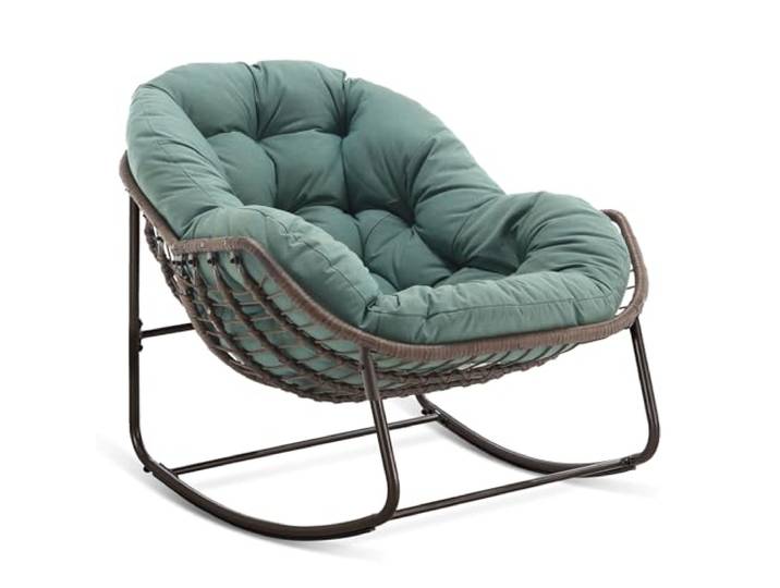 SEEDWAVE Schaukelstuhl Übergroß mit PE-Rattan-Geflecht, 15 cm dickem Olefin-Fleece-Kissen, Lounge-Stuhl für Innen- und Außenbereich, Stilvolle Eierschalenform (Grün)