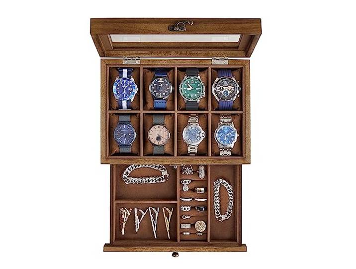 SONGMICS Uhrenbox mit 8 Fächern, aus Massivholz, mit Glasdeckel