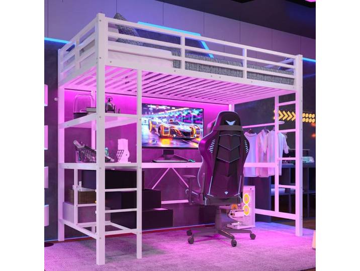 Lit Mezzanine Enfant 90x200cm avec BarrièRes et Escalier Lit Simple LED Lit Enfant Superpose avec Bureau et 3 Tiroirs Blanc