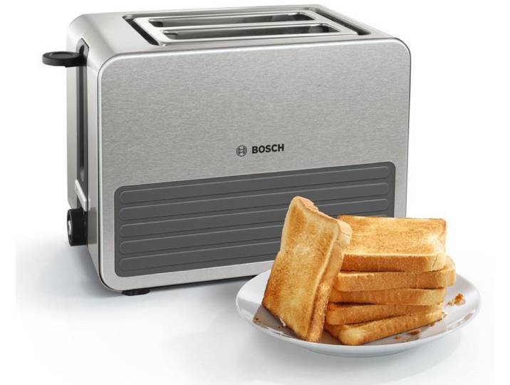 BOSCH Toaster TAT7S25, integrierter Edelstahl-Brötchenaufsatz, mit Abschaltautomatik , grau, B:15,5cm H:18,4cm T:29,2cm, Toaster, Auftaufunktion, ideal für 2 Scheiben Toast, Schwarz/Grau, Toaster