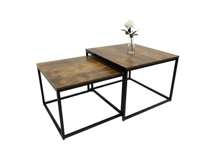 Relaxdays Satztisch 2er Set, Industrial Design, 65 cm & 75 cm, Holzoptik & Metall, eckige Beistelltische, braun/schwarz