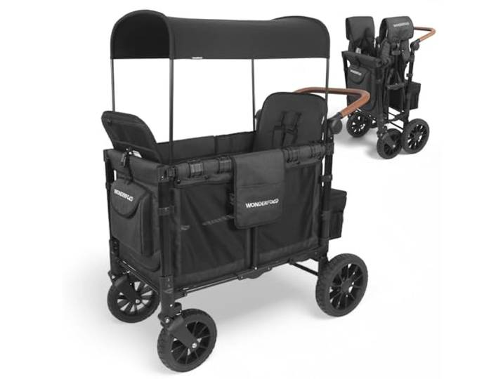 WonderFold W2 Luxe KinderVan mit 2 Hochsitzen mit 5-Punkt-Sicherheitsgurten, verstellbarem Schiebegriff und höhenverstellbarem UV-Schutzverdeck, Volcano Black