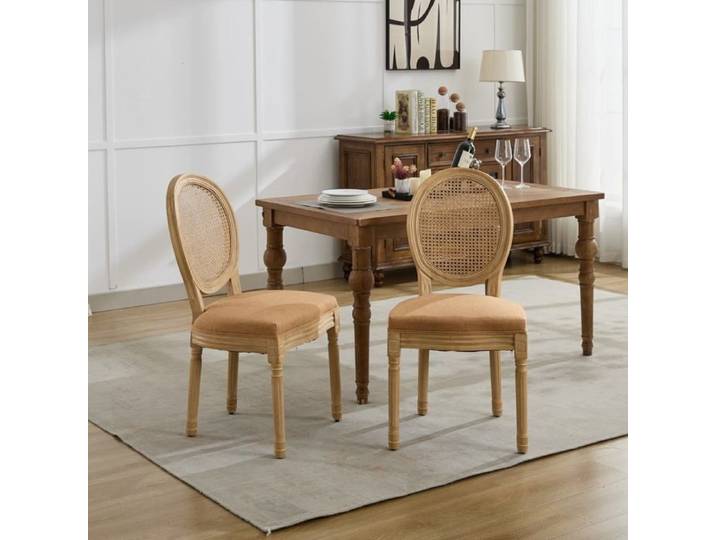 French Style Solid Wood Frame Antique Painting Linen Fabric Rattan Back Dining Chair Set of 2 Tan DE1843TN