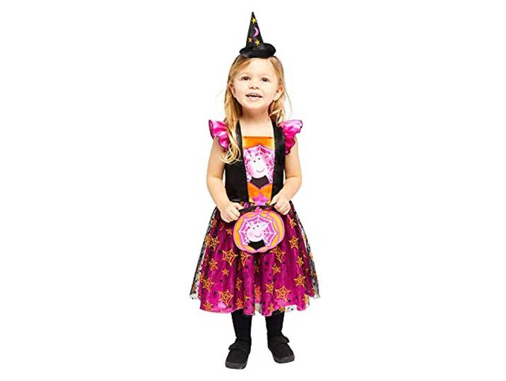amscan - Kinderkostuum Peppa Pig heksen, jurk, hoed, tas, themafeest, carnaval, Halloween