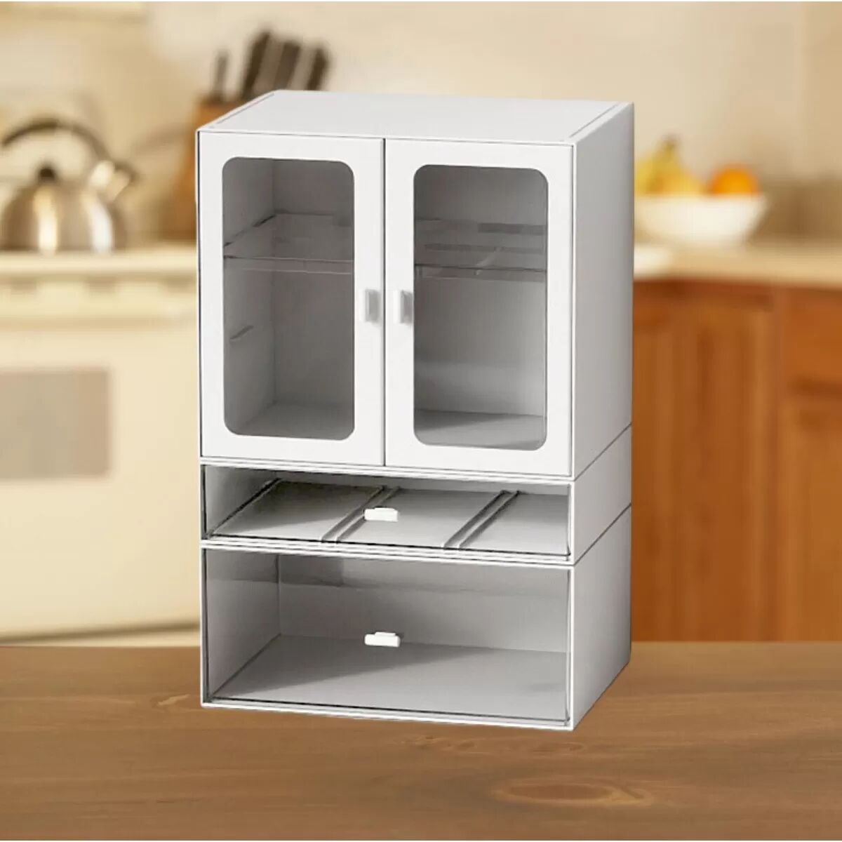 INF Leichter Luxus Stapelbarer Tassenorganizer - Staubdichte Kaffeetassen Aufbewahrungsregal mit Magnetischen Türen & Schubladen