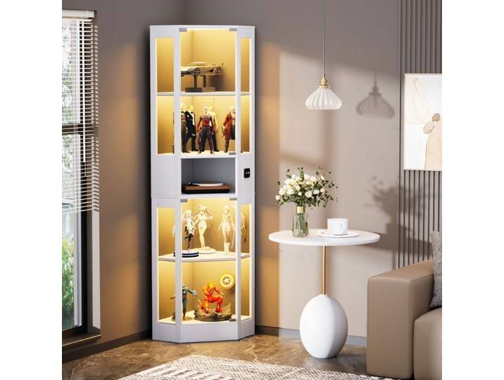 Vitrine en verre 57x40x165 cm 5 niveaux éclairage LED 3 couleurs détecteur de mouvement portes vitrées blanc