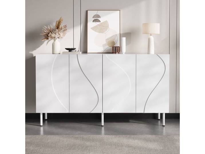 Buffet bahut - URBANLUXE - 140x40x77.5 cm - 4 portes - Pieds métal - Blanc