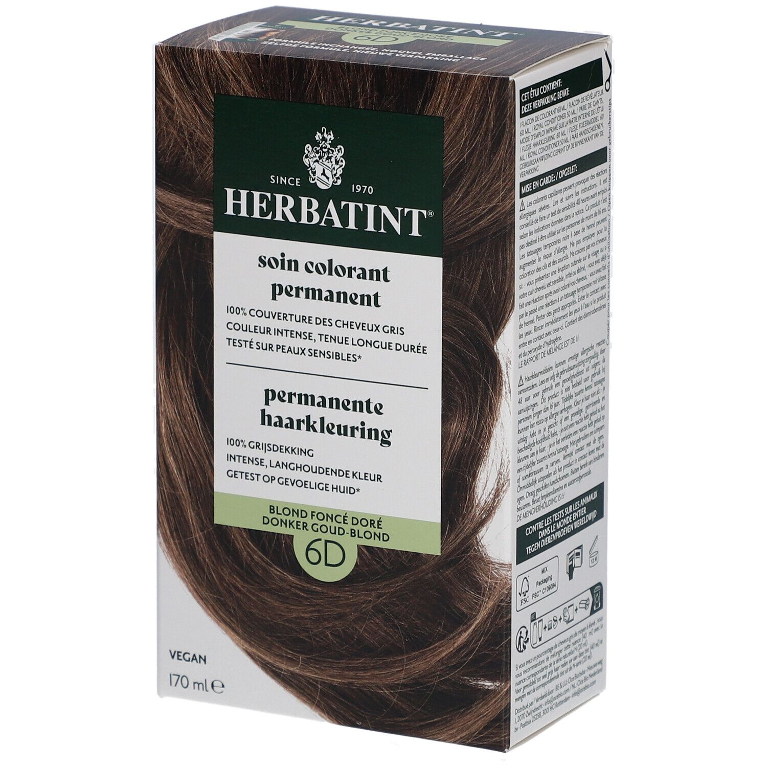 Herbatint Permanente Haarkleuring 6D Donker Goudblond 170 ml Tinktur