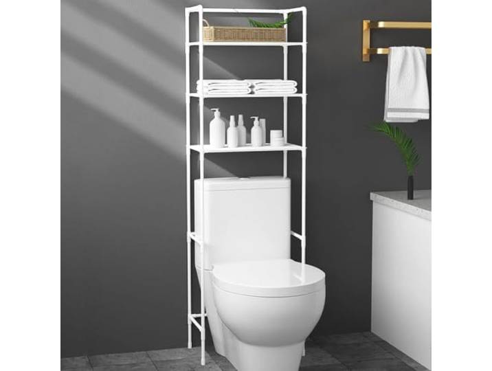 WC-Regal 3 Ebenen Metall, Platzsparender Bad-Organizer Für Handtücher Stabile Konstruktion, schlanke Passform, breite Ablagefläche, feuchtigkeitsbeständig, werkzeugfreie(Blanc)