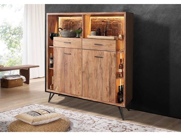 Highboard inkl.Beleuchtung 145x150cm 'Hunter' Akazie massiv