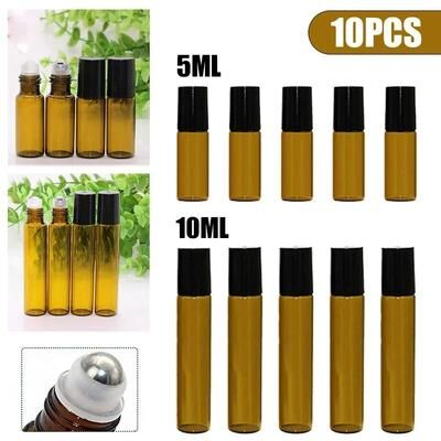 Uplifted Finds Amber Glass Roll On Bottle Set 10 Piece 5ml And 10ml Refillable Essential Oil Containers With Roller Ball 10 Ml