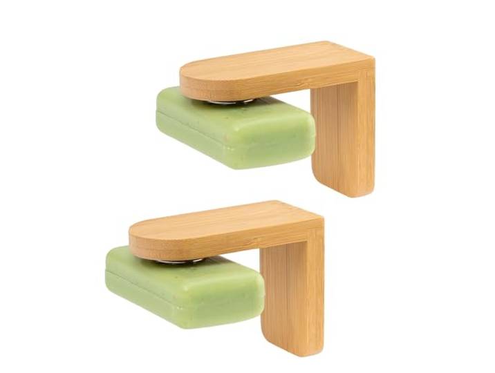 bremermann Magnet-Seifenhalter 2er Set aus Bambus, ideal geeignet für Feste Seifen und Shampoos - frei hängend durch Magnet - Montage durch Ankleben, aus Bambus und Edelstahl
