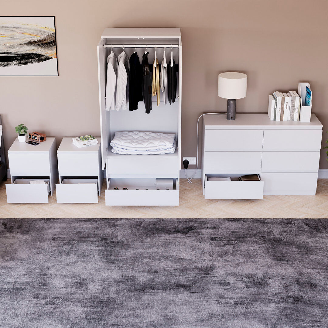 17 Stories Tanino 4 Piece Bedroom Set (2 Drawer Large Bedside Chest X2, 6 Drawer Chest, 2 Door 2 Drawer Wardrobe) White