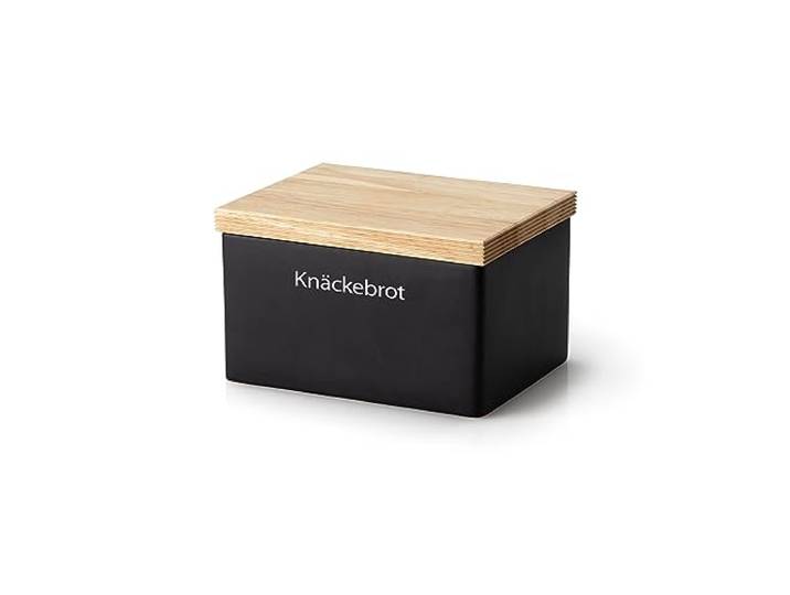 Continenta Knäckebrotdose aus Keramik, 17,5 x 13,5 x H11 cm, mit Holzdeckel, Vorratsdose für Knäckebrot, Knäckebrotbox mit Schrift Knäckebrot