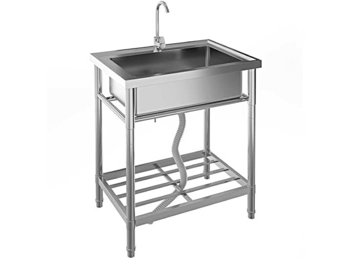 Edelstahl Spültisch, Freistehende Küchenspüle Gewerbliche Spülbecken 72x51x86cm Mit 1 Becken Wasserhahn Kalt Und Warmwasserschläuchen, Für Waschküche Outdoorküche Küchen Spulbecken