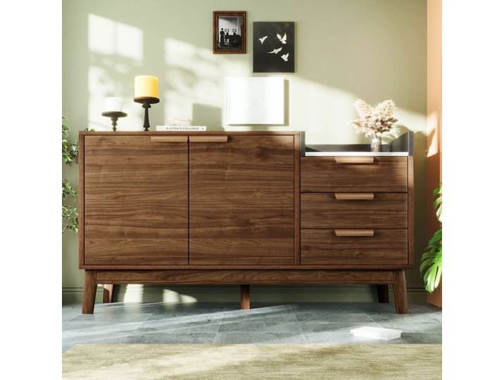 Commode - AUTREMENT - Chêne - Plateau effet marbre - 3 tiroirs - 2 portes doubles