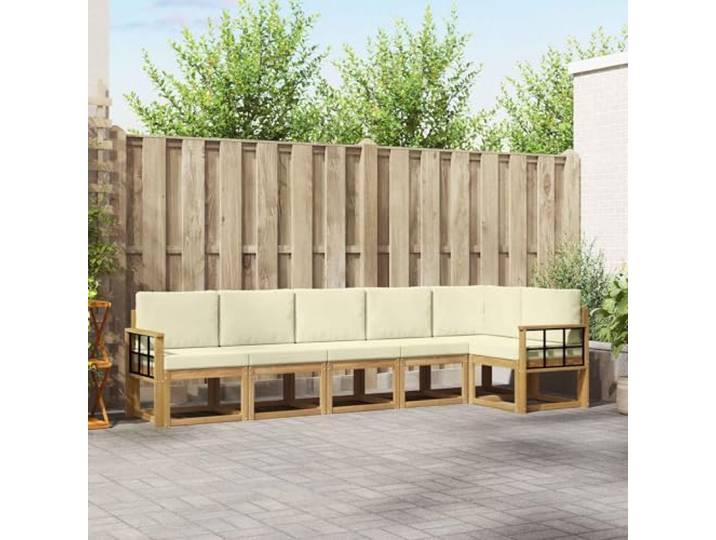 RJPLMFV Ecksofa für den Außenbereich, 6-teilig, Cremeweiß Massives Akazienholz, modulares Design, Rückenlehne mit Latten, wetterfest