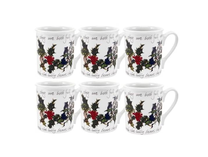Portmeirion Holly & Ivy Frühstückstassen, 266 ml, Urlaubstassen, Steingut für saisonales Geschirr, Kaffee- und Teetasse, handdekoriert, ofen-, mikrowellen- und gefriergeeignet, 6 Stück