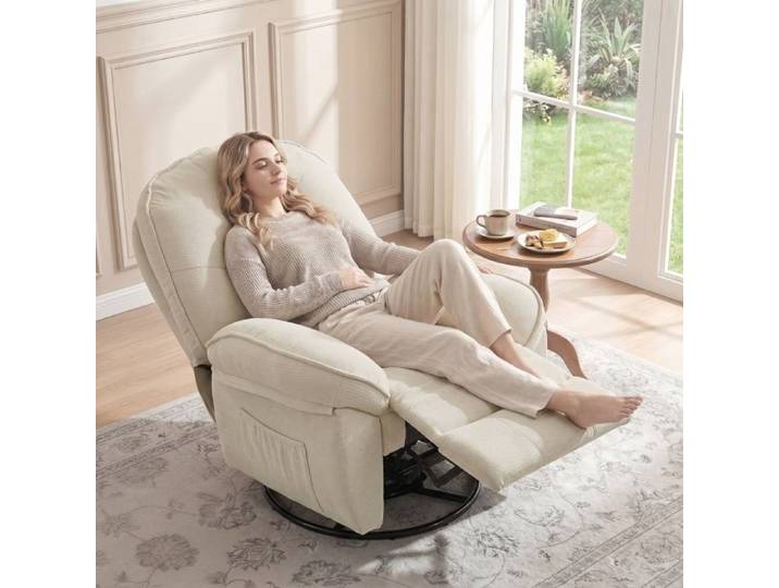 Fauteuil relax pivotant et basculant – chenille – blanc crème – 1 place
