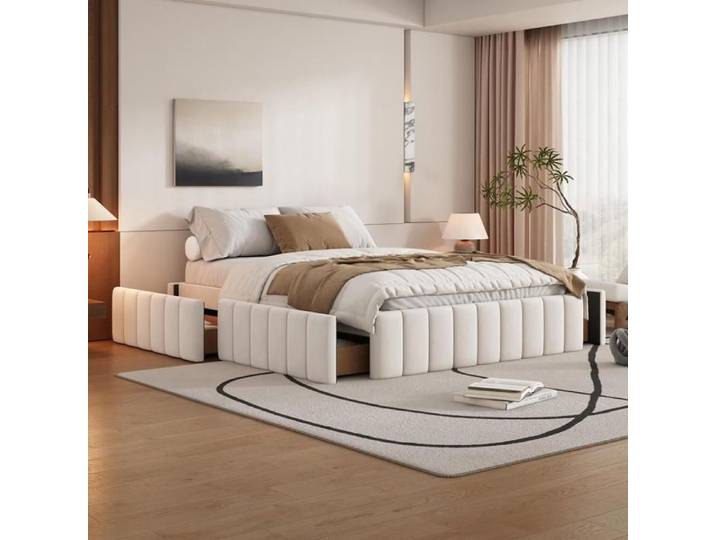Lit 140x200 cm avec tiroirs Lit capitonné sans tête de lit Beige