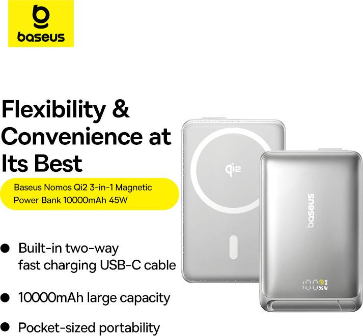 Baseus Nomos Qi2 Magnetische Externe Batterij, 10.000 mAh, 45W
