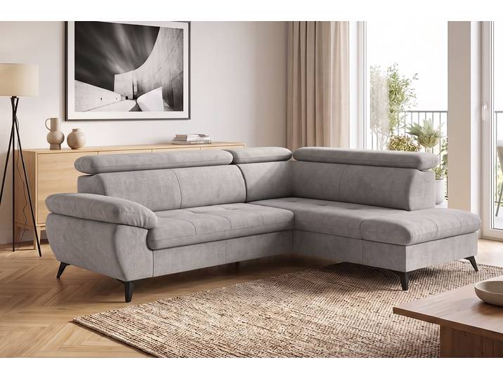 Ecksofa, Grau, 256x207 cm, Struktur Fein, Mit Bettfunktion & Stauraum, Cotta