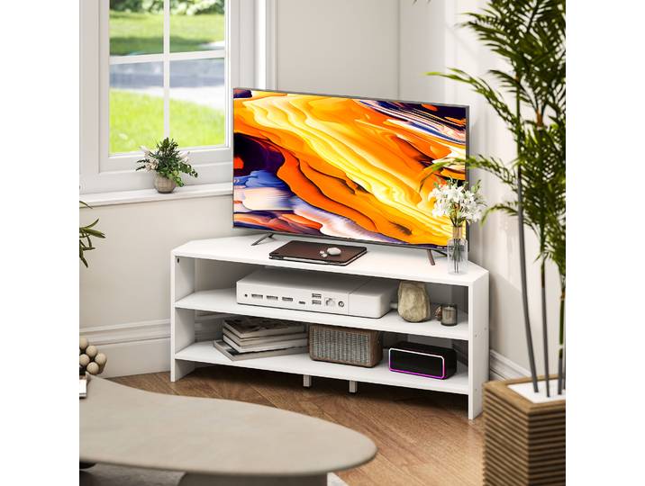 HOMCOM Meuble TV d'Angle 47 Bois Blanc avec 2 Étagères