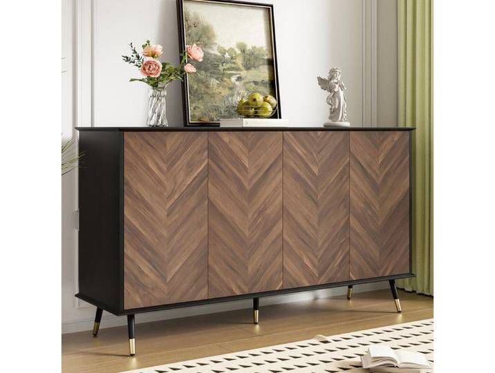 Buffet de salon - Buffet moderne - Buffet bas 4 portes - 140x40x80 cm - Meuble de rangement - Hauteur réglable – Pieds métal – Noir