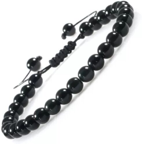 INF 6mm Schwarzer Obsidian Armband - Verstellbares, handgefertigtes Hämatit-Perlenarmband